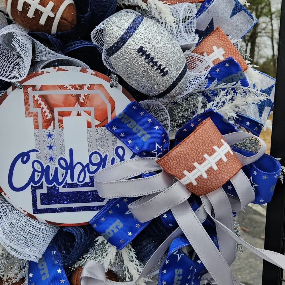 Cowboys Themed Holiday Wreath with Blue and Silver Accents
